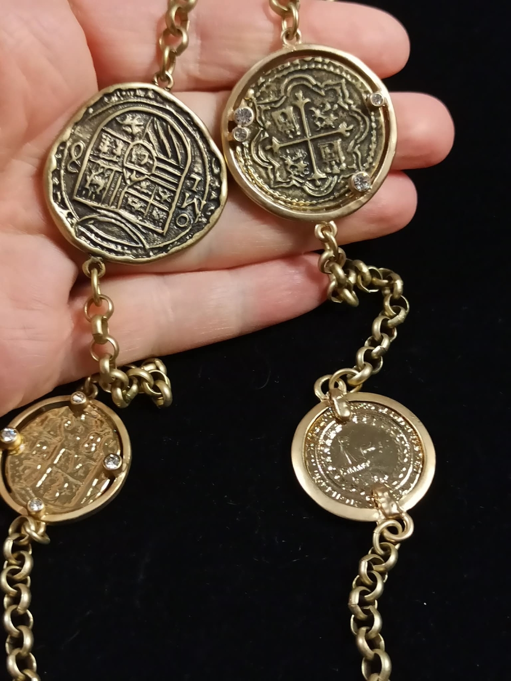 CHICO'S Vintage 1980s Gold Tone Coin Medallion Station Necklace - Picture 5 of 7